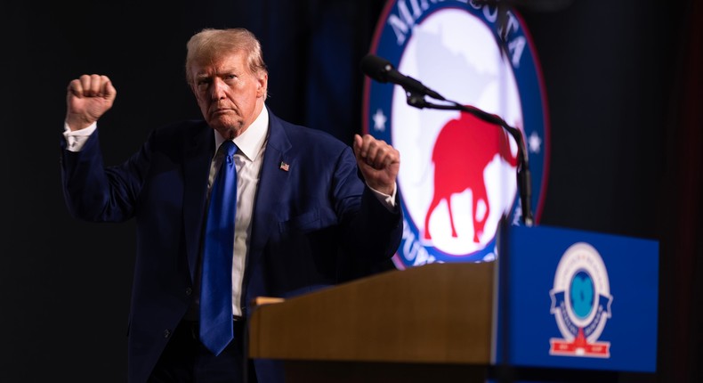 Republican presidential candidate former President Donald Trump speaks to guests at the annual Lincoln Reagan Dinner hosted by the Minnesota Republican Party on May 17, 2024, in St. Paul, Minnesota.Scott Olson/ Getty Images