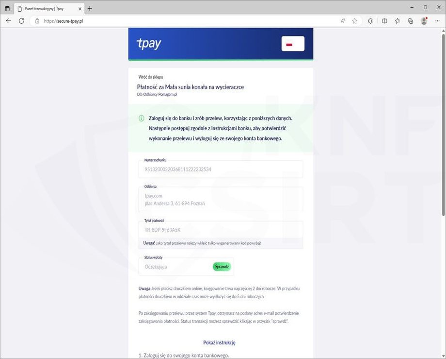 Strona phishingowa podszywająca się pod TPAY.