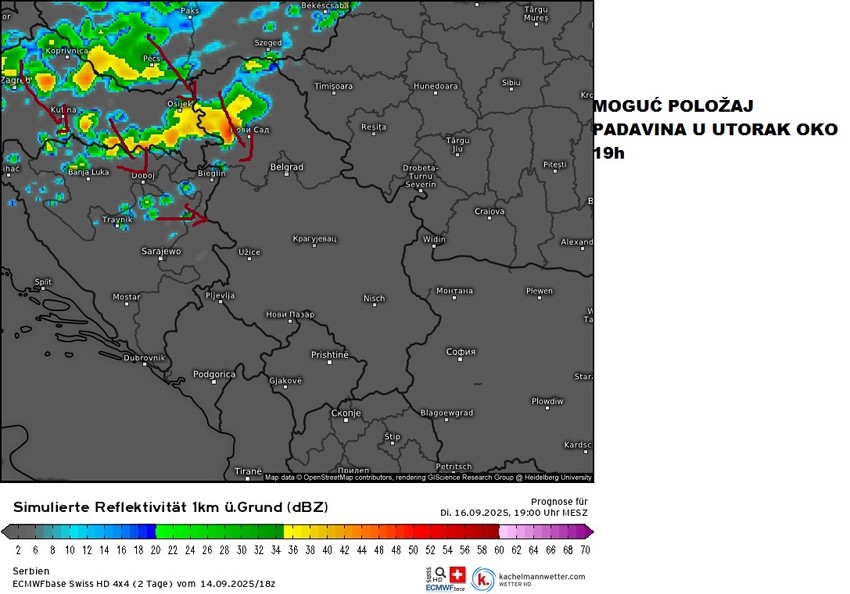 Mapa padavina za utorak u 19 sati