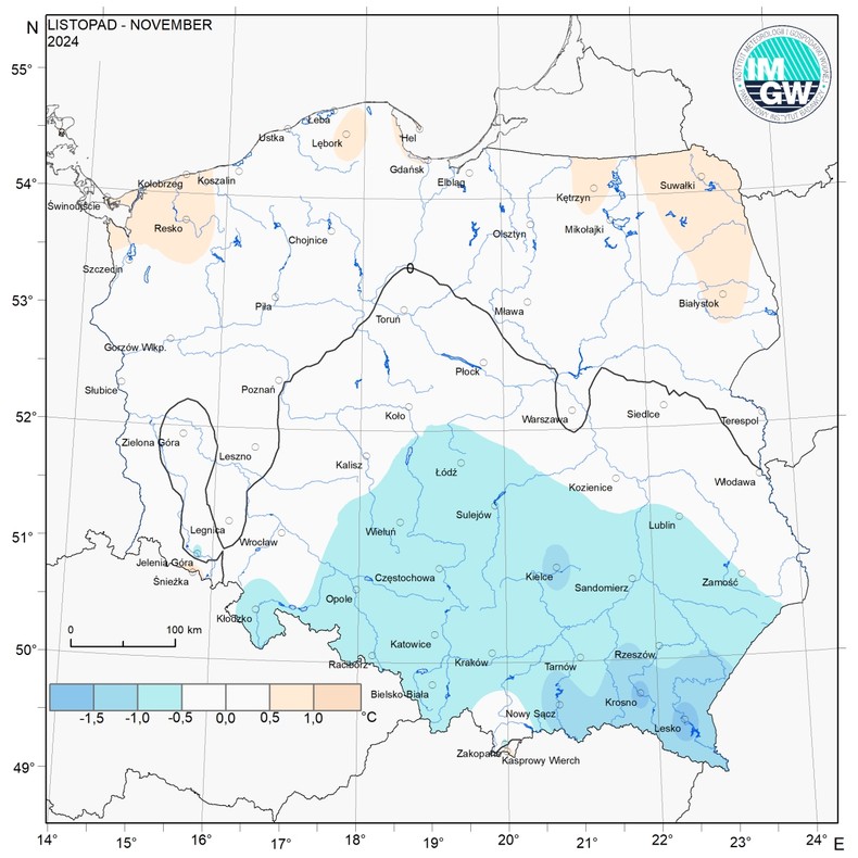 Rozkład anomalii średniej miesięcznej temperatury powietrza w listopadzie 2024 r