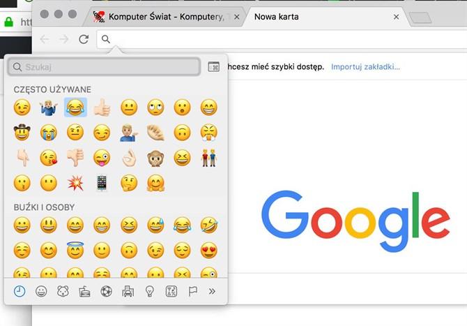 Panel emoji w Google Chrome
