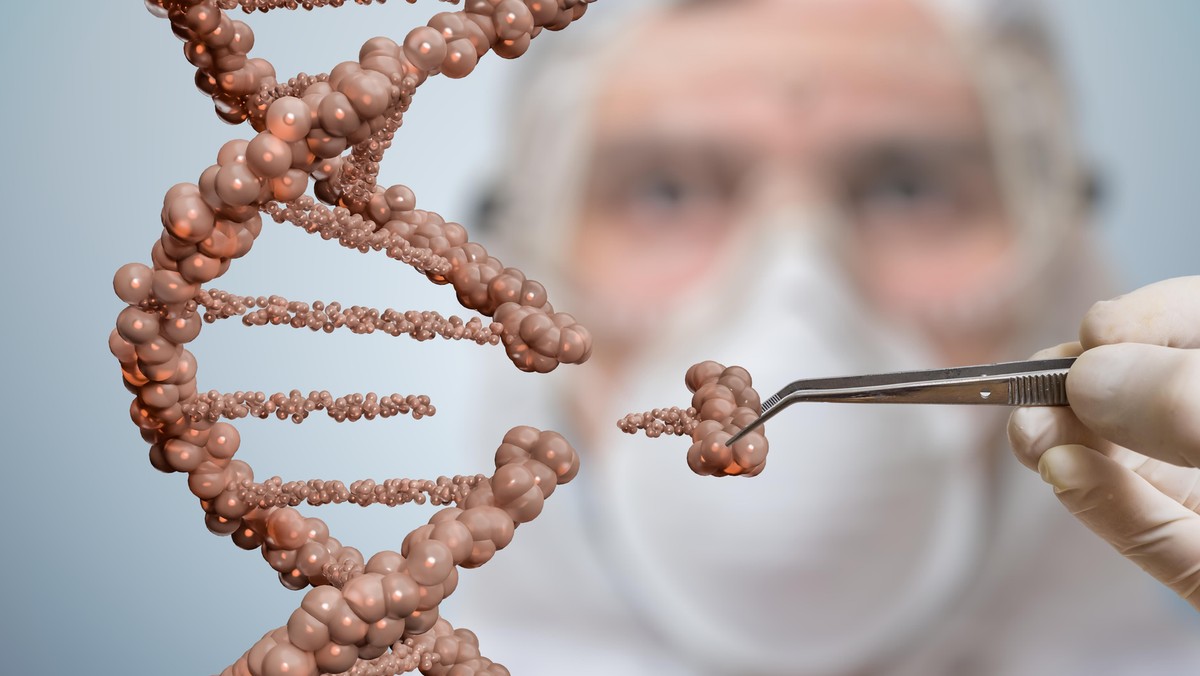 Scientist is replacing part of a DNA molecule. Genetic engineering and gene manipulation concept.