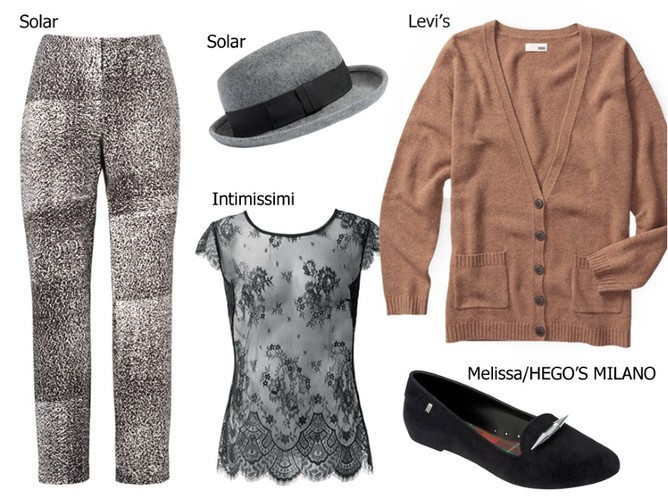 Sweter Levi’s®: 369,00 pln Spodnie Solar: 399,00 pln Bluzka Intimissimi:  169,90 pln Buty Melissa/HEGO’S MILANO:  349,00 pln Kapelusz Solar:  229,00 pln
