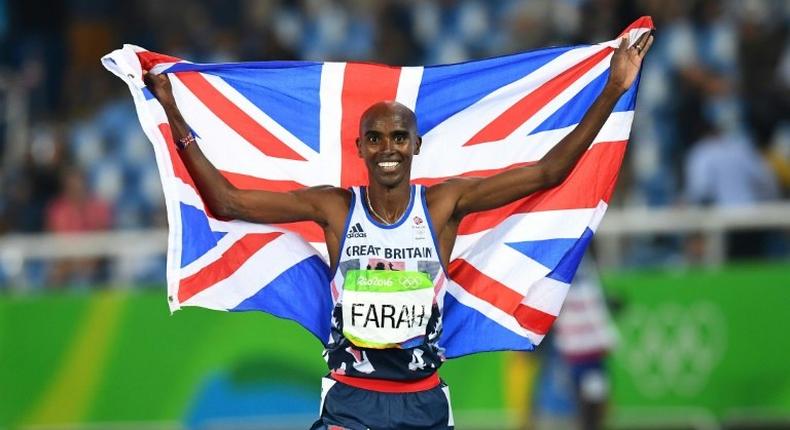 Britain's Mo Farah celebrating winning the Men's 5000m Final during the athletics event at the Rio 2016 Olympic Games on August 20, 2016