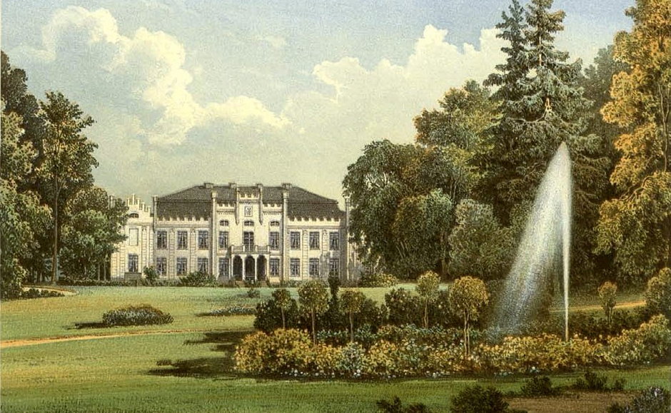 Pałac i park na litografii z 1860 r.