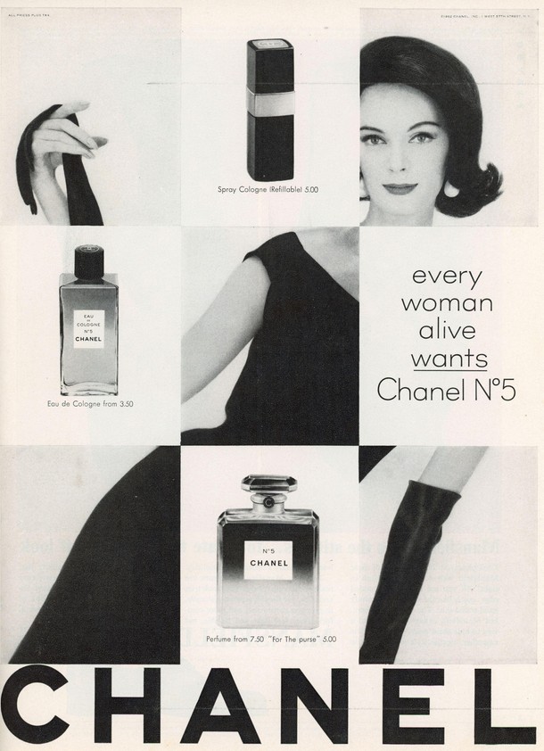 Reklama perfum Chanel nr 5 zamieszczona w magazynie Playboy z listopada 1962 r.
