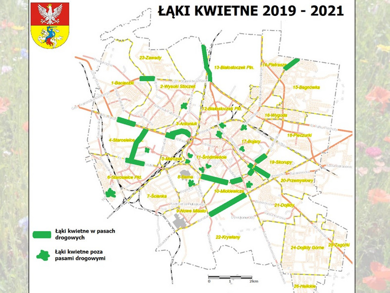 Mapa przyszłych łąk kwietnych w Białymstoku