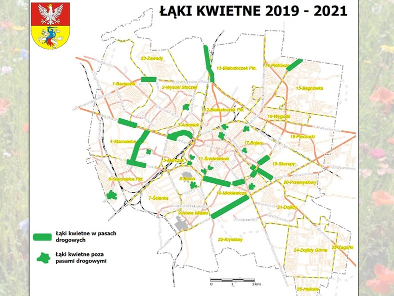 Mapa przyszłych łąk kwietnych w Białymstoku