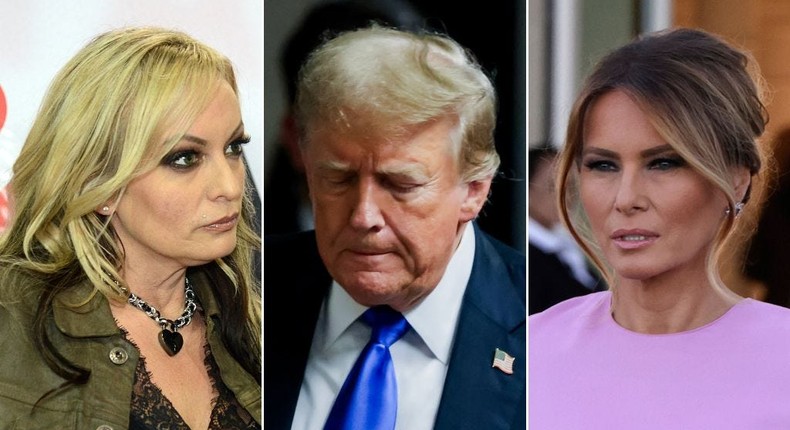 Stormy Daniels (left), former President Donald Trump (center), and his wife Melania Trump (right).Jacek Boczarski/Anadolu Agency via Getty Images; Alon Skuy via Getty Images; Justin Lane/Pool via Getty Images