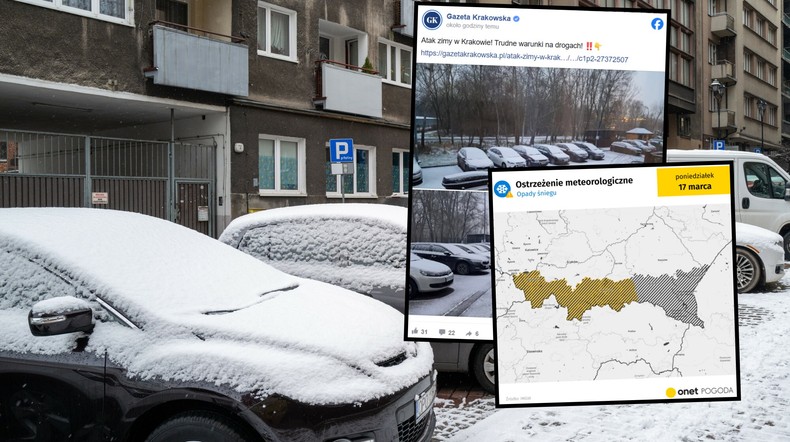 Śnieżyce nad Polską. To nie koniec zimowej pogody (screeny: IMGW, Facebook.com/Gazeta Krakowska)