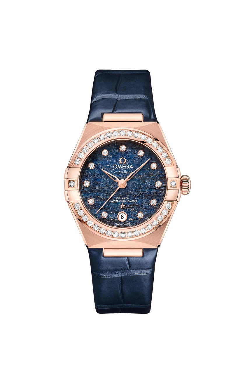 OMEGA Constellation Co‑Axial Master Chronometer, Automatikaufzug mit 50 Stunden Gangreserve, 29 mm, mit Lederarmband, Sedna‑Gold-Gehäuse und diamantbesetzter Lünette, 19'900 Franken.