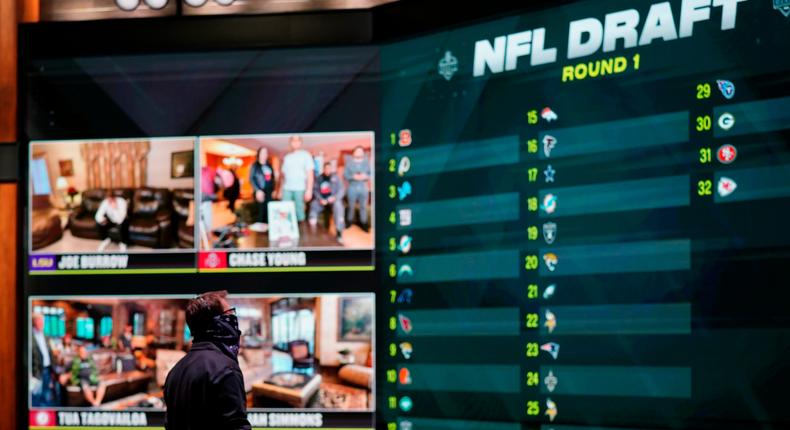 In a photo provided by ESPN Images, the draft board is seen before the start of the NFL football draft, Thursday, April 23, 2020, in Bristol, Conn. (Allen Kee/ESPN Images via AP)
