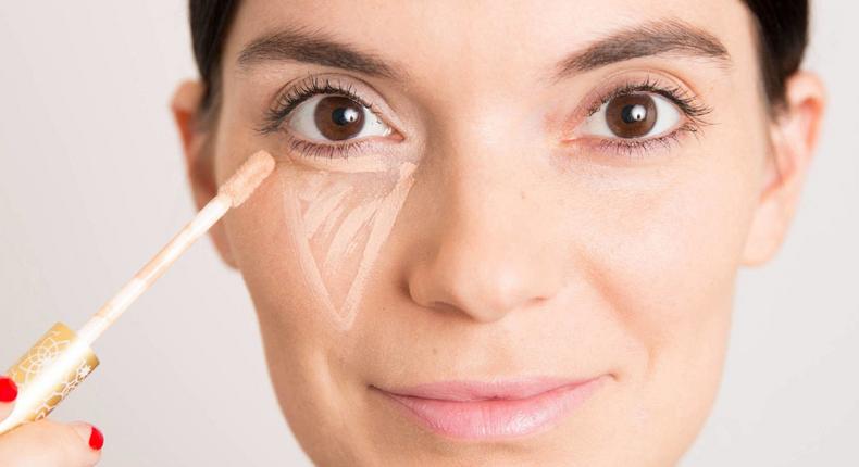 It's best to apply the concealer in 'V' shape and then pat/press into the skin