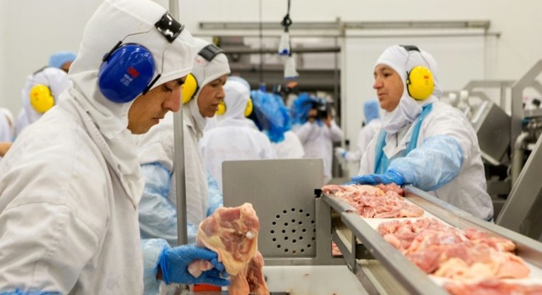 People work at a production line of the JBS-Friboi chicken processing plant during an inspection visit from Brazilian Agriculture Minister Blairo Maggi and technicians of the ministry in Lapa, Parana State, Brazil on March 21, 2017