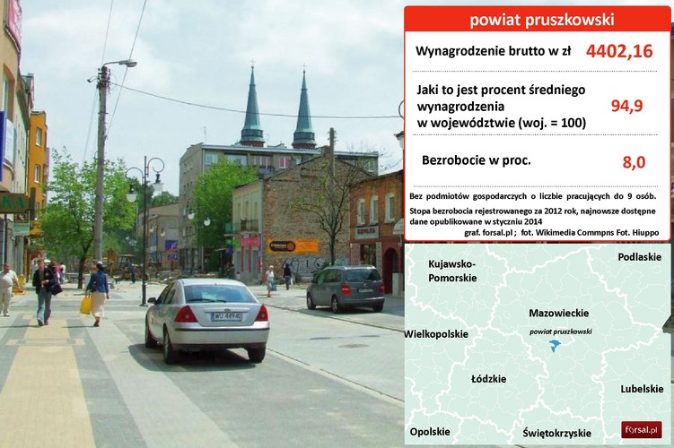 9. Powiat pruszkowski Powiat znajduje się w aglomeracji warszawskiej i wielu mieszkańców dojeżdża do pracy w stolicy. W powiecie znajdują się zakłady farmaceutyczne Herbapol (przedsiębiorstwo zajmujące się przetwórstwem ziół i produkcją z nich preparatów spożywczych, leczniczych i kosmetycznych) i kosmetyczne L'Oréal Polska (koncern kosmetyczny ma fabrykę w Kaniach w pow. Pruszkowskim). Są tu także centra logistyczne (np. Millennium Logistic Park) i kolejowy terminal kontenerowy. Na zdjęciu centrum miasta. Fot. Hiuppo