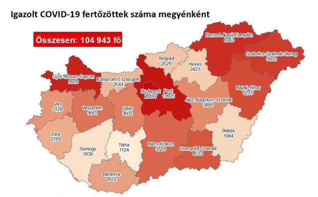 A fertőzöttek megoszlása megyénként / Fotó: koronavirus.gov.hu