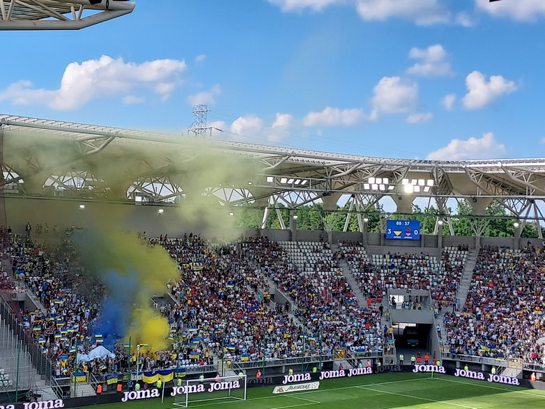 Za bramką sektor najgłośniejszych ultrasów Ukrainy fetujący już wynik 3:0