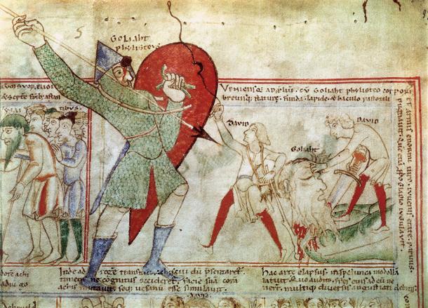 Pergamin przedstawiający walkę Dawida z Goliatem, XII w., Biblioteka Miejska w Dijon