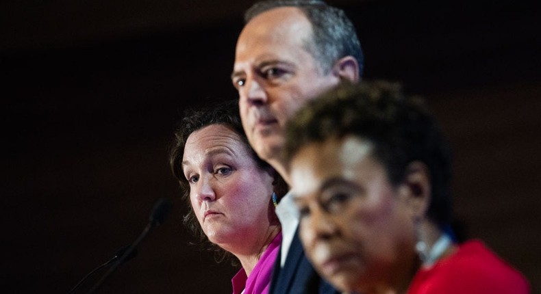 Reps. Katie Porter, Adam Schiff, and Barbara Lee, Democratic candidates for California Senate, participate in the National Union of Healthcare Workers Senate Candidate Forum in downtown Los Angeles on Sunday, October 8, 2023.Tom Williams/CQ-Roll Call, Inc via Getty Images