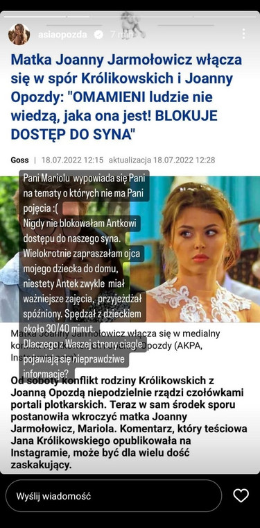 Joanna Opozda odpowiada na komentarz mamy Joanny Jarmołowicz i udostępnia zrzuty ekranu wiadomości z Antkiem Królikowskim/