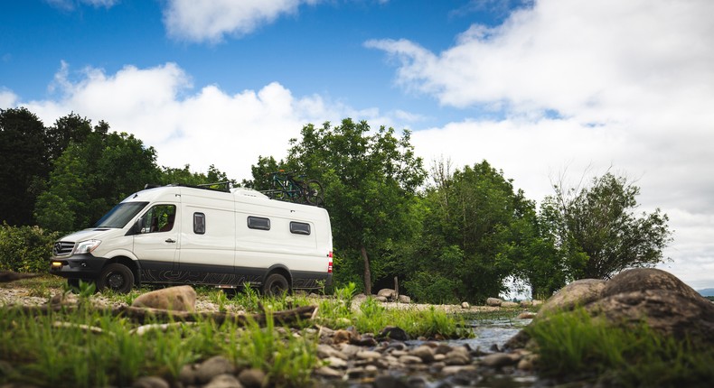 The tiny home was built on a 2018 Mercedes-Benz Sprinter with a 170-inch extended Dually wheelbase. The heaviest features of the build are in the center of the van.