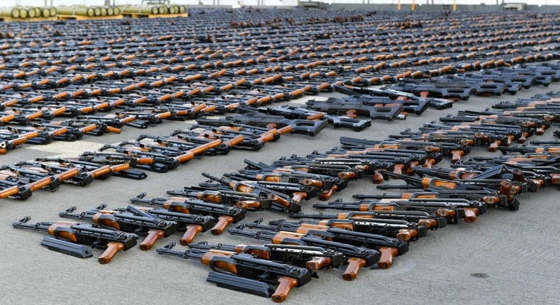 Rows of Chinese-made Type 56-1 assault rifles that were confiscated by the US authorities on January 15, 2023.US Navy