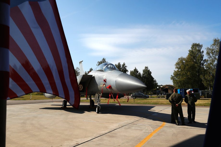 US Air Force F-15C Eagle fighter at a NATO Baltic air-policing-mission takeover ceremony in Siauliai, Lithuania, August 30, 2017.