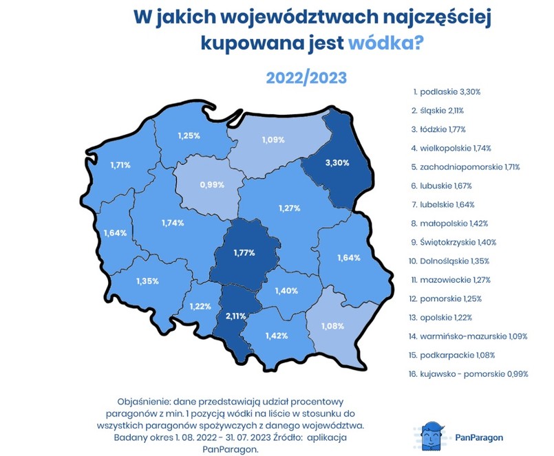 W których województwach najczęściej kupowana jest wódka?