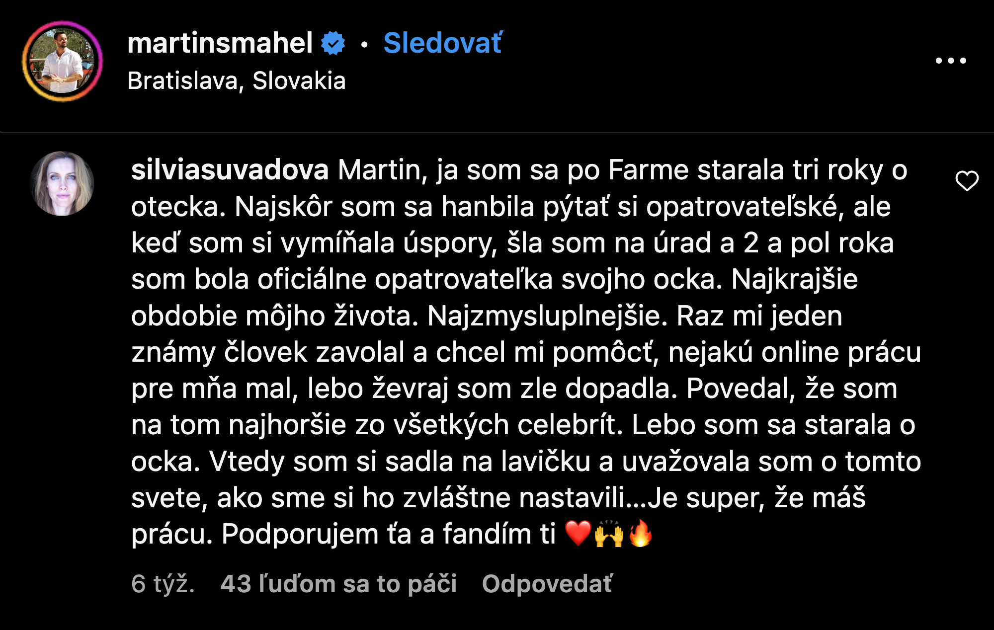 Silvia Šuvadová vyjadrila podporu Martinovi Šmahelovi.