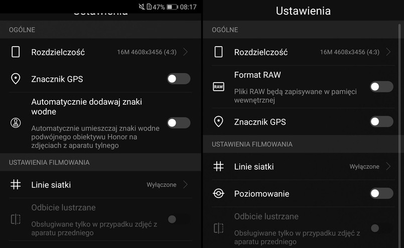 Ustawienia aparatu - z lewej Honor 7X, z prawej Huawei Mate 10 Lite