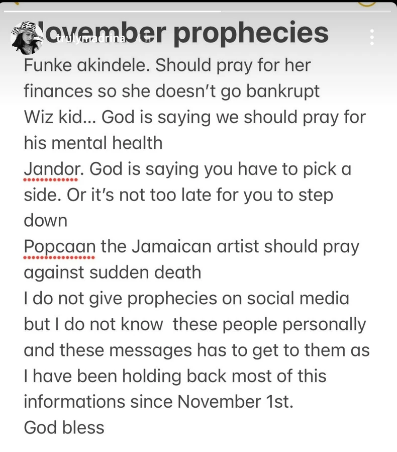 Cynthia Morgan Releases Prophecies For Wizkid, Funke Akindele And Others