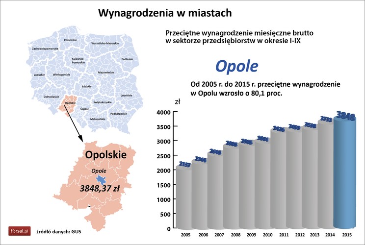 Pozycja 11. <br>
Przeciętne wynagrodzenie to 3848 zł<br>
Wzrost roczny wyniósł 3,1 proc.<br>
Wzrost od 2005 r. to 80,1 proc.
