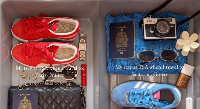 Creators online have turned gray, dirty airport bins into canvases, showcasing their travel essentials.Vicki Rutwind