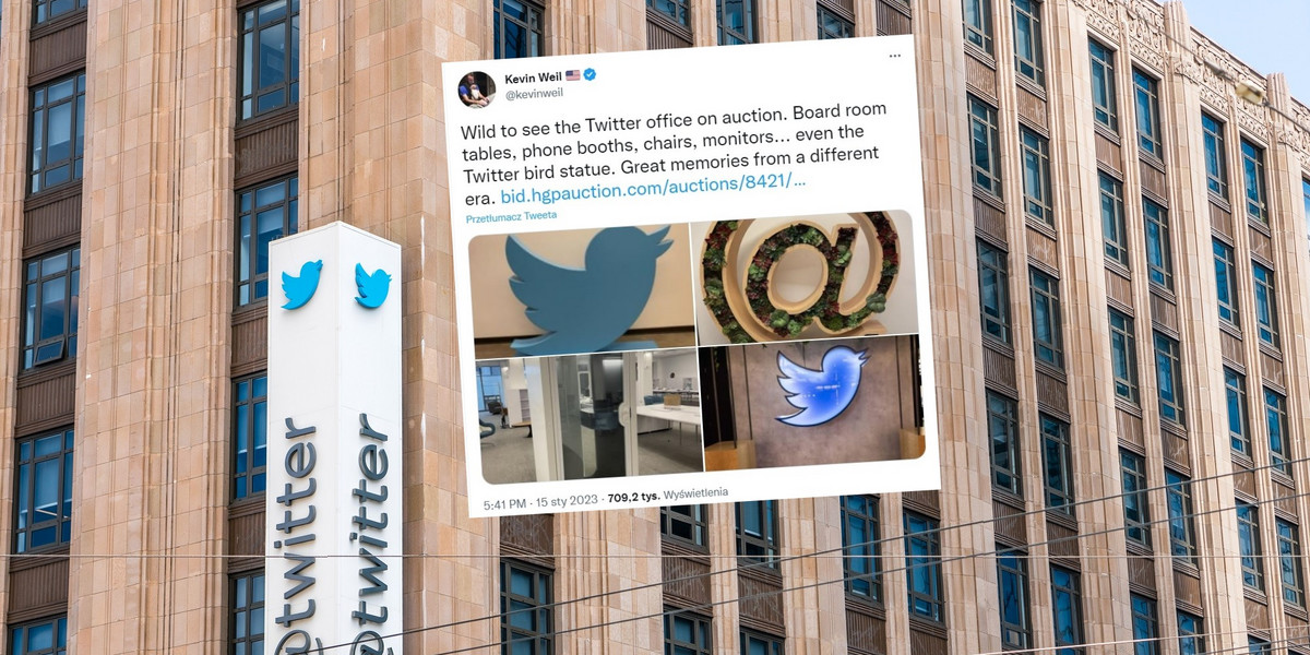 Twitter sprzedaje na aukcji wypodażenie ze swojego biura w San Francisco. 