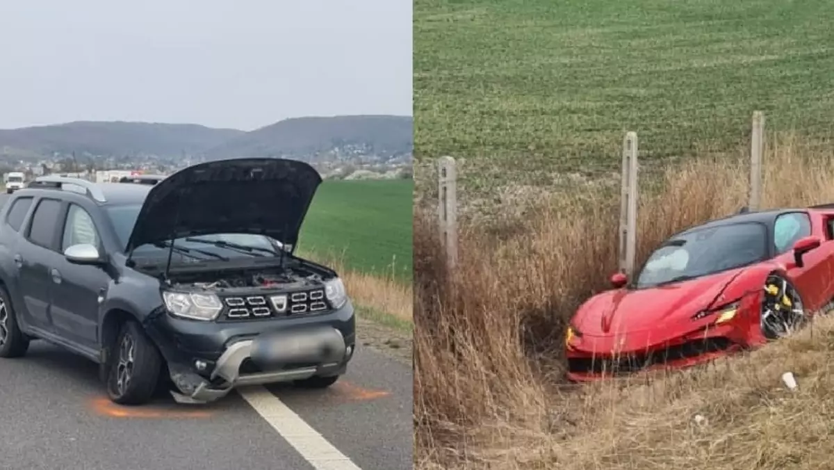 Ferrari SF90 Stradale na poboczu po zderzeniu z Dacią Duster