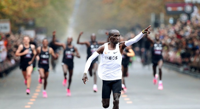 Kenya's Eliud Kipchoge, the marathon world record holder, crosses the finish line during his attempt to run a marathon in under two hours in Vienna, Austria, October 12, 2019. REUTERS/Lisi Niesner