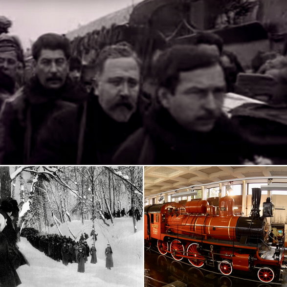 Józef Stalin, Lew Kamieniew i Michaił Tomski niosący trumnę Lenina. U dołu - transport zwłok na stację kolejową w Gorkach oraz specjalny pociąg, który przewiózł ciało do Moskwy