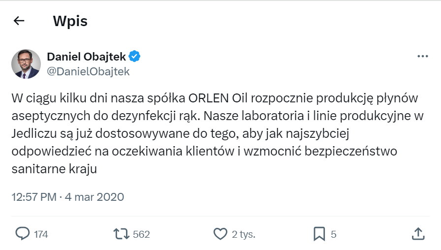Tweet Daniela Obajtka zapowiadający rozpoczęcie produkcji przez Orlen płynu do dezynfekcji rąk