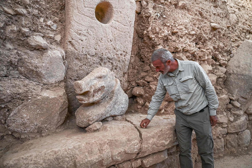 Archeolog Necmi Karul przedstawia dzika znalezionego w Göbekli Tepe