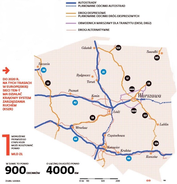 Drogi, na których ma działać Krajowy System Zarządzania Ruchem (KSZR).