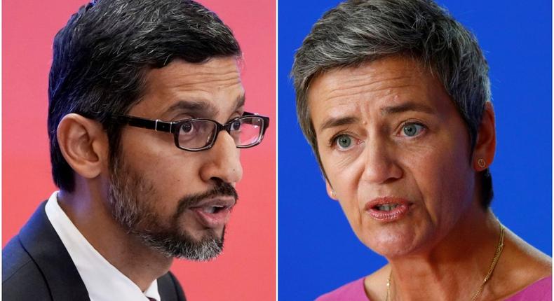 Google CEO Sundar Pichai and Margrethe Vestager, the European competition commissioner.
