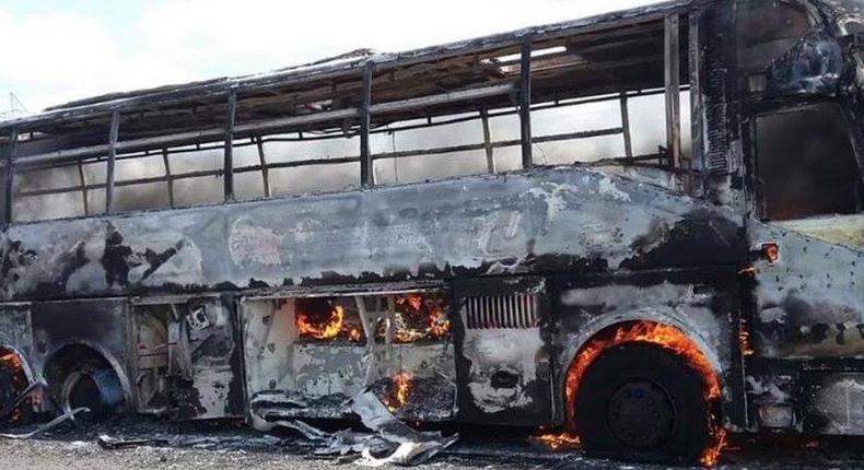 File image of a passenger bus that burst into flames