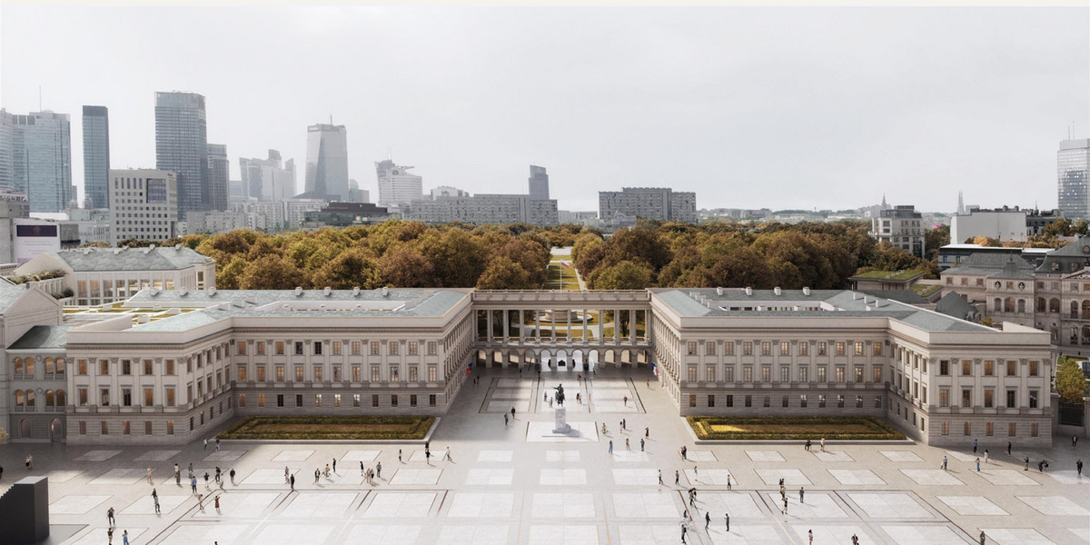 Wizualizacje koncepcji odbudowy Pałacu Saskiego, Pałacu Brühla oraz kamienic przy ul. Królewskiej w Warszawie.