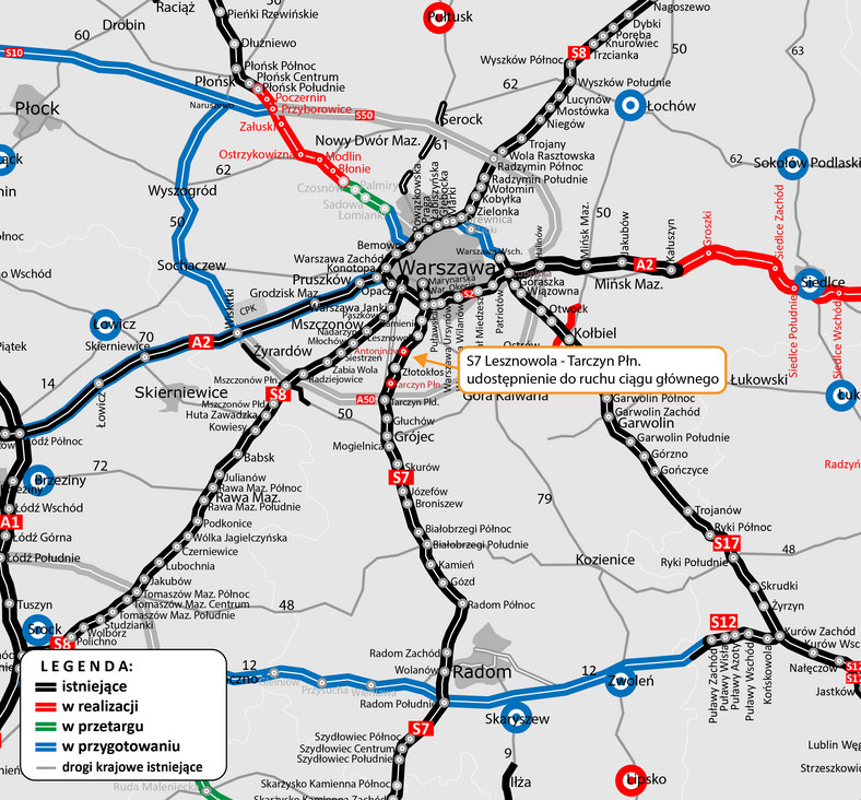 Mapa przebiegu trasy S7 Lesznowola — Tarczyn Południe