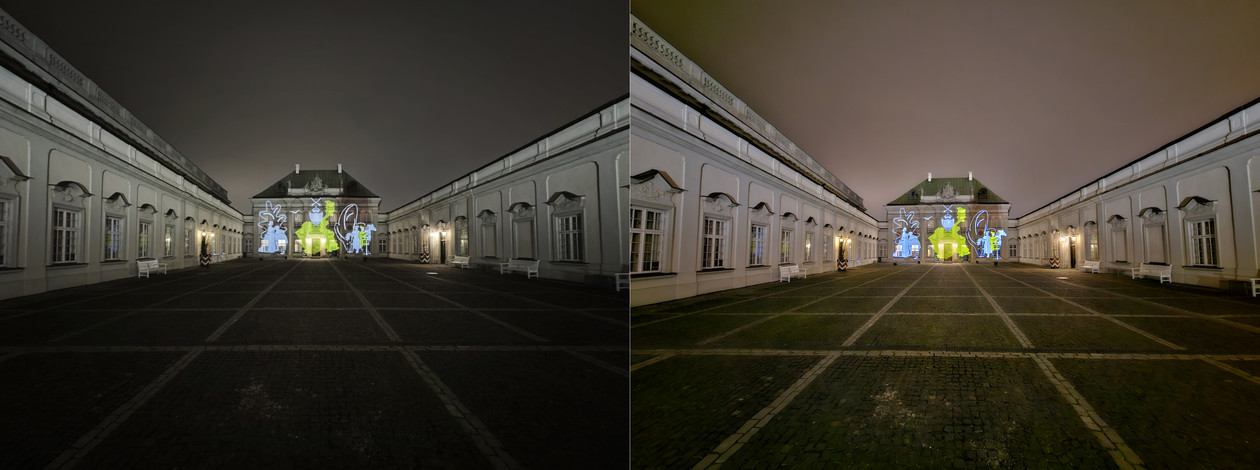 Zdjęcia nocne z modułów szerokokątnych aparatów Xiaomi 13 (po lewej) oraz Galaxy S23 