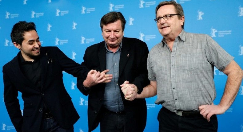 (L-R) Sherwan Haji, Aki Kaurismaki, Sakari Kuosmanen at a photocall for The Other Side of Hope which won lavish applause from audiences at the Berlinale film festival