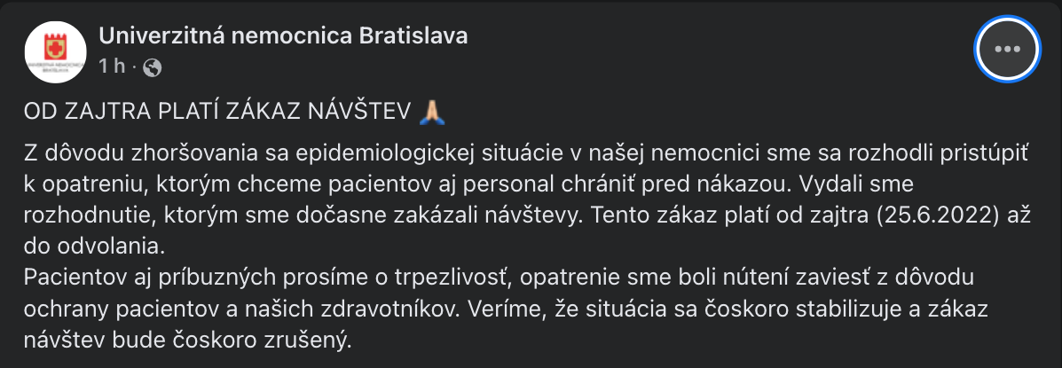 Univerzitná nemocnica v Bratislave reaguje na zhoršujúcu sa epidemiologickú situáciu