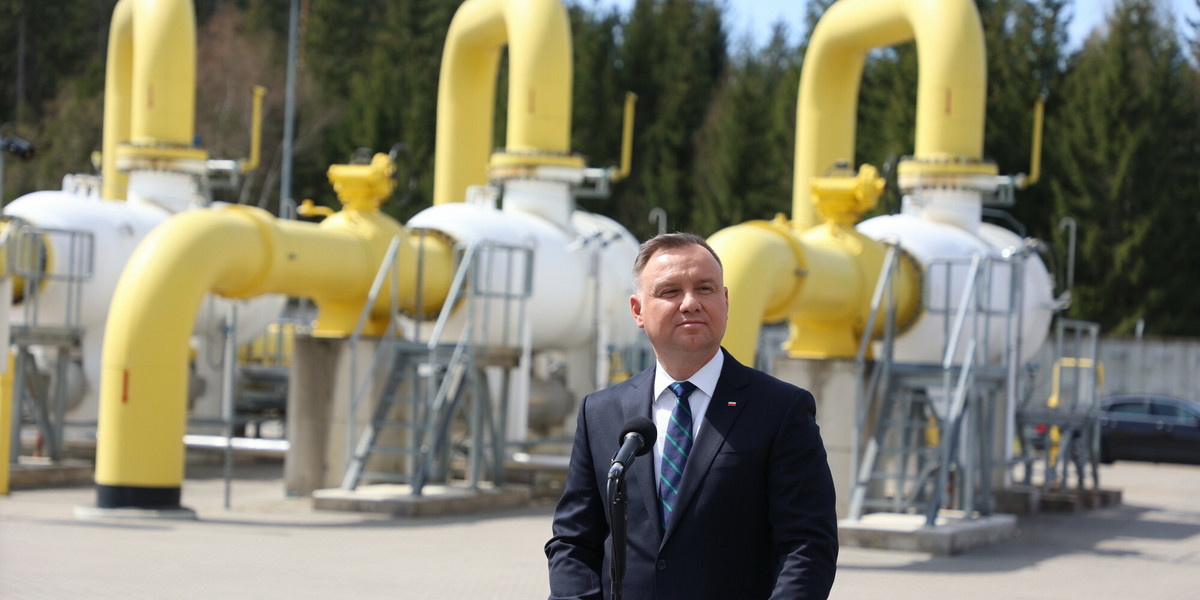 Prezydent Andrzej Duda podczas otwarcia interkonektora gazowego Polska-Litwa. Litwa, 5 maja 2022 r.