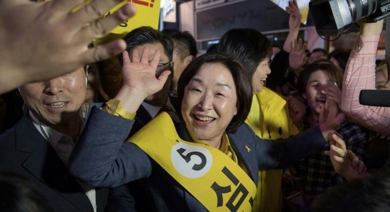 South Korean politician Sim Sang-Jeung, the only female candidate to succeed disgraced former president Park Geun-Hye, attends a campaign rally in Seoul