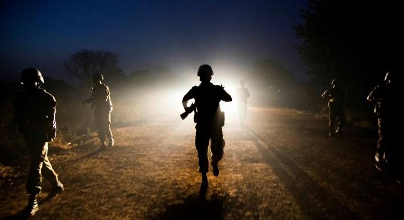 Peacekeeper troops from Ethiopia patrol at night in Abyei town, South Sudan